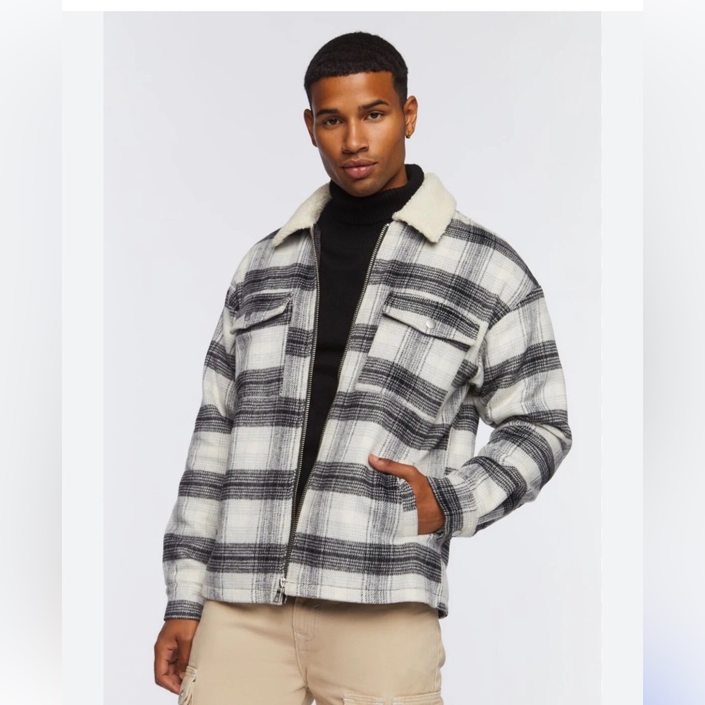 Forever 21 Faux Shearling-Trim Plaid Jacket black white mens large